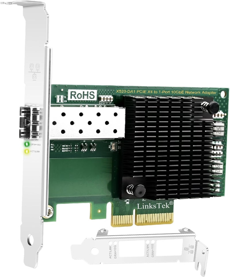 LinksTek X520-DA1 10GbE SFP+ Fiber Ports Ethernet Adapter for Servers, NAS and Desktop PCs, PCIE X4 to 10GbE SFP+ Fiber NIC Card for Gaming, Intel 82599EN 10Gb/s Converged Ethernet Controller (X520-DA1) - Image 1